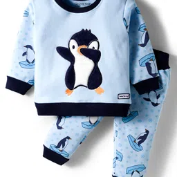 Little Darlings Fleece Knit Full Sleeves Winter Wear Night Suit With Bird Embroidery - Light Blue-picture-11