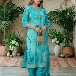 Sangria Floral Printed Thread Work Art Silk A-Line Kurta With Trouser & Dupatta image 5