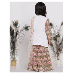 Little Bansi Full Sleeves Bengali Floral Embroidery & Print Kurta With Floral Sharara With Embellished Tulle Dupatta - Orange Pink & White image 3