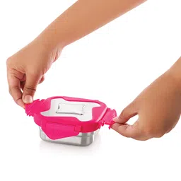 steel lock Steellock Smart Stainless Steel Tiffin Lunch Box For Kids and Adults | Airtight & Leakproof | Square Tiffin Box For School & Office With Steel Lid | Pink 360 ml image 2
