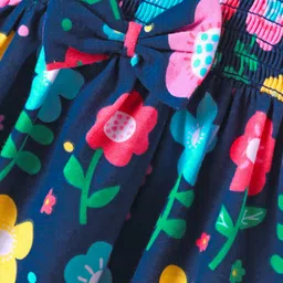 Babyhug Single Jersey Knit Sleeveless Frock with Floral Print & Bow Applique - Navy Blue image 3