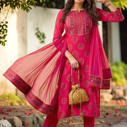 QUEENSFAB Women Ethnic Motifs Printed Regular Thread Work Kurta with Trousers & With Dupatta image 2