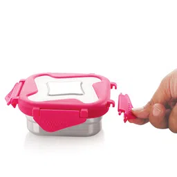 steel lock Steellock Smart Stainless Steel Tiffin Lunch Box For Kids and Adults | Airtight & Leakproof | Square Tiffin Box For School & Office With Steel Lid | Pink 360 ml image 4