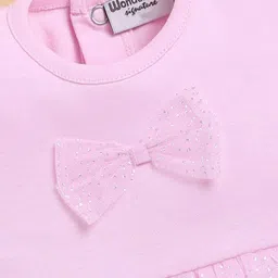 Wonderchild Half Puffed Sleeves Bow Applique Detailed & Glitter Printed Knee Length Dress - Pink image 4