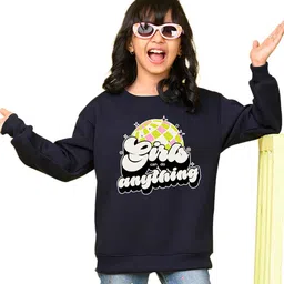 NUSYL Fleece Knit Full Sleeves Girls Can Do Anything Text Printed Light Winter Sweatshirt - Navy Blue image 5