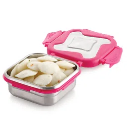 steel lock Steellock Smart Stainless Steel Tiffin Lunch Box For Kids and Adults | Airtight & Leakproof | Square Tiffin Box For School & Office With Steel Lid | Pink 360 ml image 5