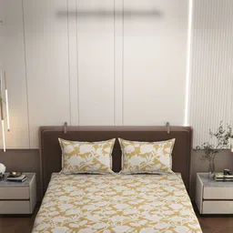 Bromwick Beige Floral Printed Cotton 250 TC Flat Double Bedsheet With 2 Pillow Covers-image-3