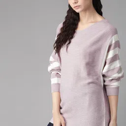 Roadster Women Lavender Self-Striped Pullover Sweater image 2