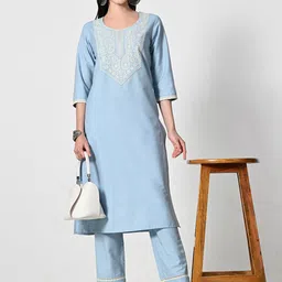 AMBI Paisley Embroidered Round neck Regular Straight Kurta With Trouser image 4