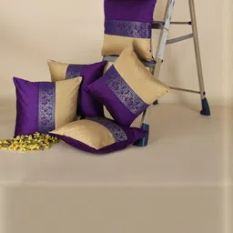 DECOWAT Purple & Beige 5 Pieces Printed Silk Square Shape Cushion Covers-picture-41
