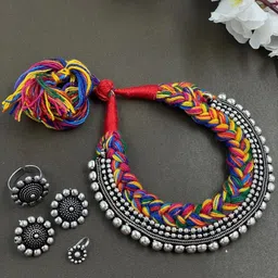 NAMAN ARTS Threaded Double Dot Silver-Plated Oxidised Necklace Jewellery Set-picture-54