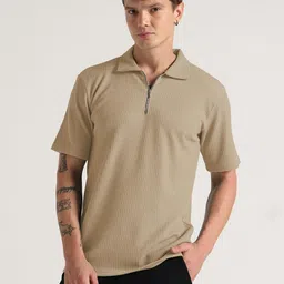 Moda Rapido Men Beige Zip Neck Polo Collar T-shirt-picture-12