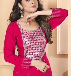 Moda Rapido Women Embroidered Round Neck Work Gotta Patti Kurta with Trousers & Dupatta image 3