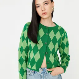 Trendyol Women Argyle Printed Crop Acrylic Cardigan Sweater-picture-49