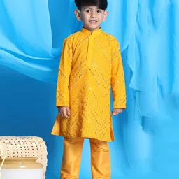 Vastramay Full Sleeves Chevron Designed Mirror Work Embellished & Embroidered Kurta With Pyjama - Yellow-picture-11
