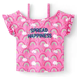 Babyhug Cotton Knit Cold Shoulder Sleeves Top with Frill Detailing& Rainbow Print - Pink-picture-25