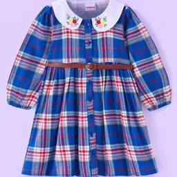 Babyhug Cotton Woven Full Sleeves Peter Pan Collared Checkered Frock With Floral Embroidery & Belt - Blue-picture-20
