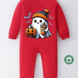 BLUSHES Halloween Theme 100% Cotton Full Sleeves Pumpkim Printed Romper - Red-picture-23