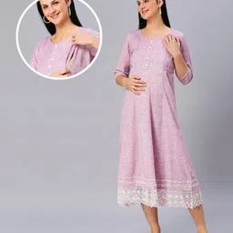 Dummy Shape Three Fourth Sleeves Textured Lace Work Detailed Flared Maternity Kurta With Concealed Zipper Nursing Access - Violet-picture-16