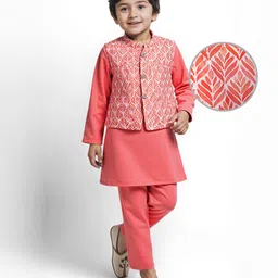 Babyhug Cotton Woven Full Sleeves Solid Kurta Pyjama Set with Leaf Printed Jacket - Coral-image-54