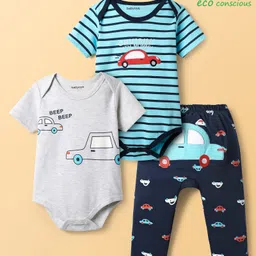 Babyoye 100% Cotton Knit Half Sleeves Striped & Car Printed Onesies With Leggings - Light Blue & Grey image 1