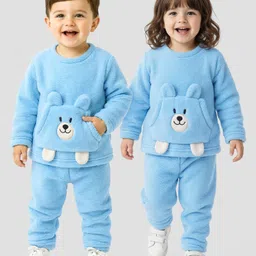 Babyhug Sherpa Fur Knit Full Sleeves Winter Wear Co-ord Set With Applique - Light Blue-picture-33