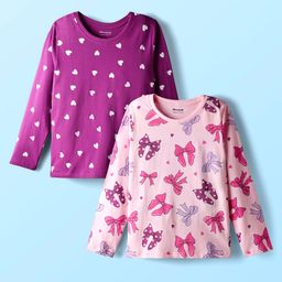 Honeyhap 100% Premium Cotton Knit Bio Finish Full Sleeves T-Shirt with Heart & Bow Print Pack of 2 - Pink & Purple-picture-47