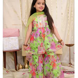 KID1 Georgette Woven Sleeveless Floral Printed Lace Embellished Kurta With Shrara & Dupatta Set - Green-image-0