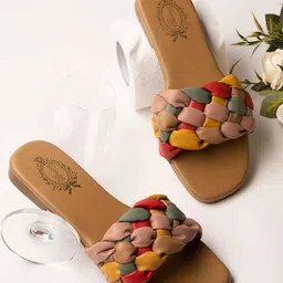 Shoetopia Cable Knit Designed Colour Blocked Slip On Sandals - Tan-image-0