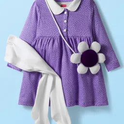 Babyhug Cotton Knit Full Sleeves Polka Dot Printed Frock With Leggings & Floral Sling Bag - Purple-picture-11
