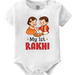 Baby Buzz 100% Cotton Knit Raksha Bandhan Theme Half Sleeves My 1st Rakhi Text Printed Onesie - White-picture-10