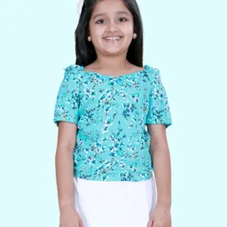 Kiddopanti Georgette Woven Half Puffed Sleeves Floral Printed Top - Aqua Blue-picture-35