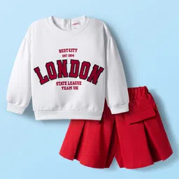 Babyhug Terry Knit Full Sleeves Top & Skort Set with Text Embroidery - Red & White-picture-37