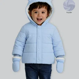 Mi Arcus Woven Full Sleeves Solid Puffer Jacket With Mitten Set - Blue-image-4