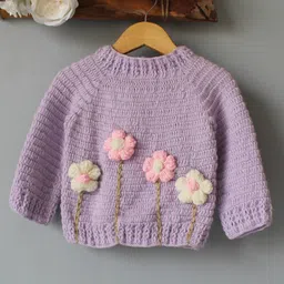 Woonie Hand Knit Full Sleeves Floral Designed Crochet Sweater - Lavender-picture-32