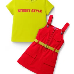 OLLINGTON ST. Cotton Half Sleeves Top & Printed Knit Pinafore & Belt - Lime Green & Rust Orange-picture-17