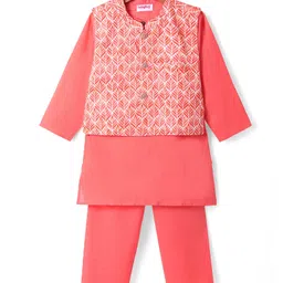 Babyhug Cotton Woven Full Sleeves Solid Kurta Pyjama Set with Leaf Printed Jacket - Coral image 2