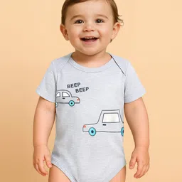 Babyoye 100% Cotton Knit Half Sleeves Striped & Car Printed Onesies With Leggings - Light Blue & Grey image 2