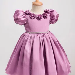 Bluebell Satin Woven Half Sleeves Party Frock With Floral Corsage - Purple image 2