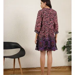 Zelena Woven Three Fourth Sleeves Floral & Paisley Printed Maternity Kurti Style Shirt Dress With Front Open Nursing Access - Purple image 3