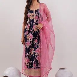 Yufta Women Floral Embroidered Regular Thread Work Pure Cotton Kurta with Trousers & With Dupatta image 1