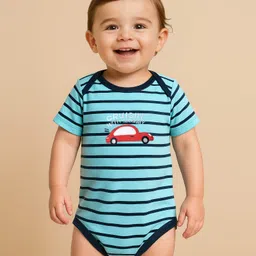 Babyoye 100% Cotton Knit Half Sleeves Striped & Car Printed Onesies With Leggings - Light Blue & Grey image 3