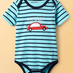 Babyoye 100% Cotton Knit Half Sleeves Striped & Car Printed Onesies With Leggings - Light Blue & Grey image 4