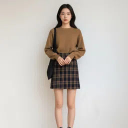 HERE&NOW Women Black & Beige Checked Midi Cotton A-Line Skirt-picture-14