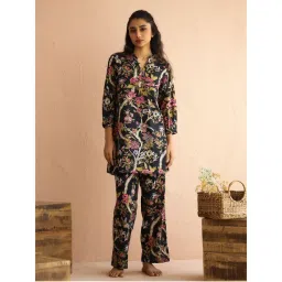 SAY Olive Mandarin Collar Pure Cotton Printed Night Suit For Women (Set of 2)-picture-22