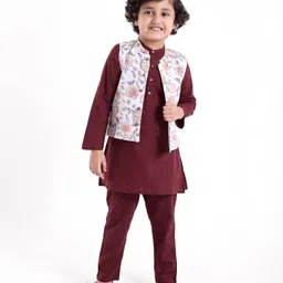 Babyhug 100% Cotton Full Sleeves Woven Solid Colour Kurta Pyjama Set with Floral Printed Jacket-Maroon-picture-21
