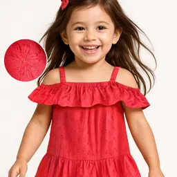 Babyhug Cotton Woven A-Line Half Sleeves Schiffli Top With Frill Detailing - Red-picture-28