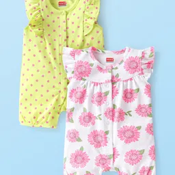 Babyhug 100% Cotton Knit Half Sleeves Rompers Polka Dot and Floral Print Pack of 2 - White & Green-image-40