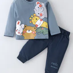 Mini Taurus Cotton Knit Full Sleeves T-Shirt & Lounge Pants Set With Animals Print - Blue-picture-21