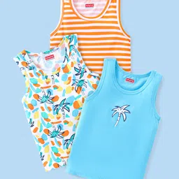Babyhug 100% Cotton Single Jersey Knit Sleeveless Sandos with Stripes & Tropical Theme Print Pack of 3 - Orange & Blue-picture-21